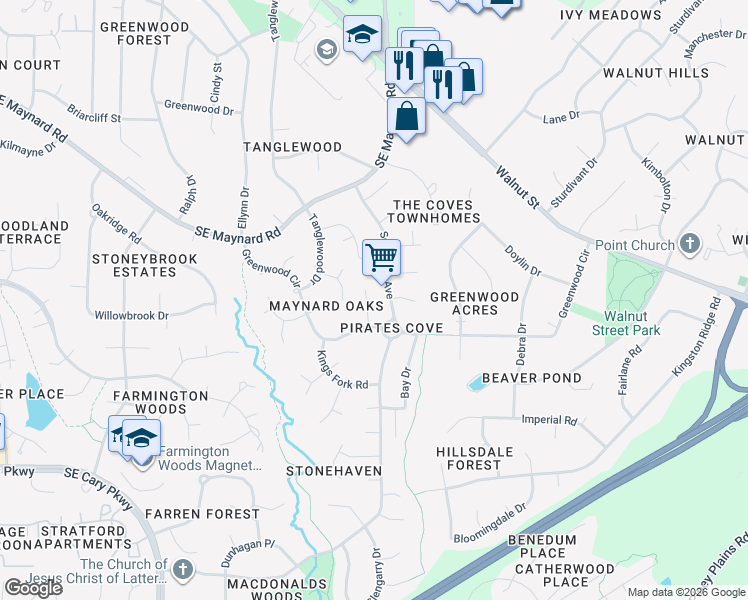 map of restaurants, bars, coffee shops, grocery stores, and more near 1209 Kenbridge Lane in Cary