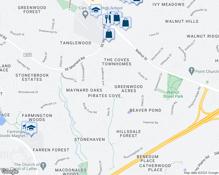 map of restaurants, bars, coffee shops, grocery stores, and more near Riverton Place in Cary