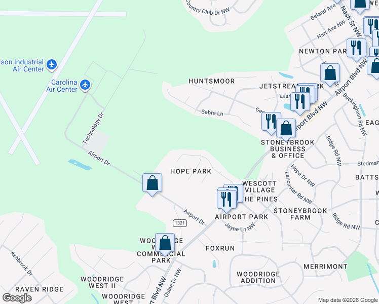map of restaurants, bars, coffee shops, grocery stores, and more near 3808-3810 Chase Road Northwest in Wilson