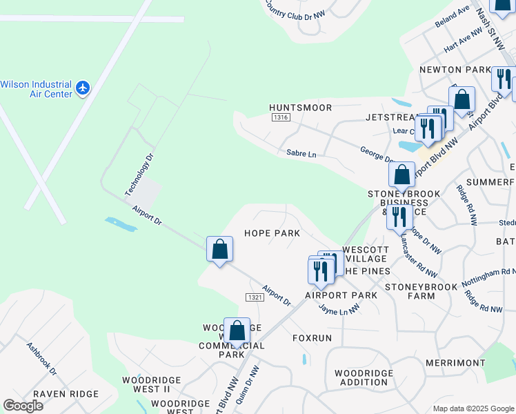 map of restaurants, bars, coffee shops, grocery stores, and more near 3808-3810 Chase Road Northwest in Wilson
