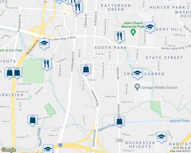 map of restaurants, bars, coffee shops, grocery stores, and more near 1302 South Person Street in Raleigh