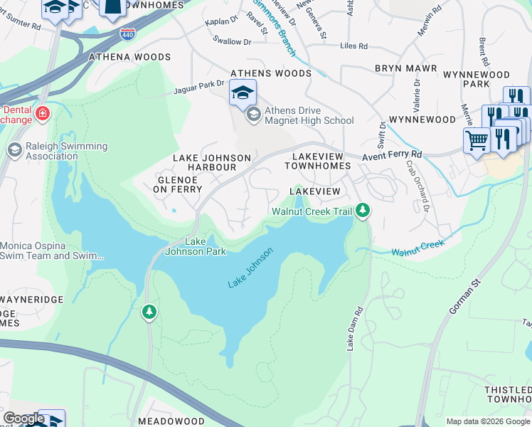map of restaurants, bars, coffee shops, grocery stores, and more near 4253 The Oaks Drive in Raleigh