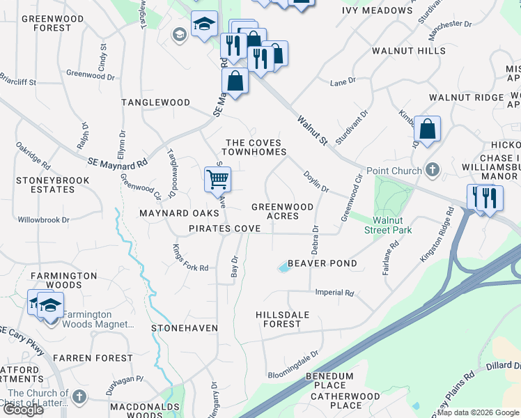 map of restaurants, bars, coffee shops, grocery stores, and more near 918 Vickie Drive in Cary