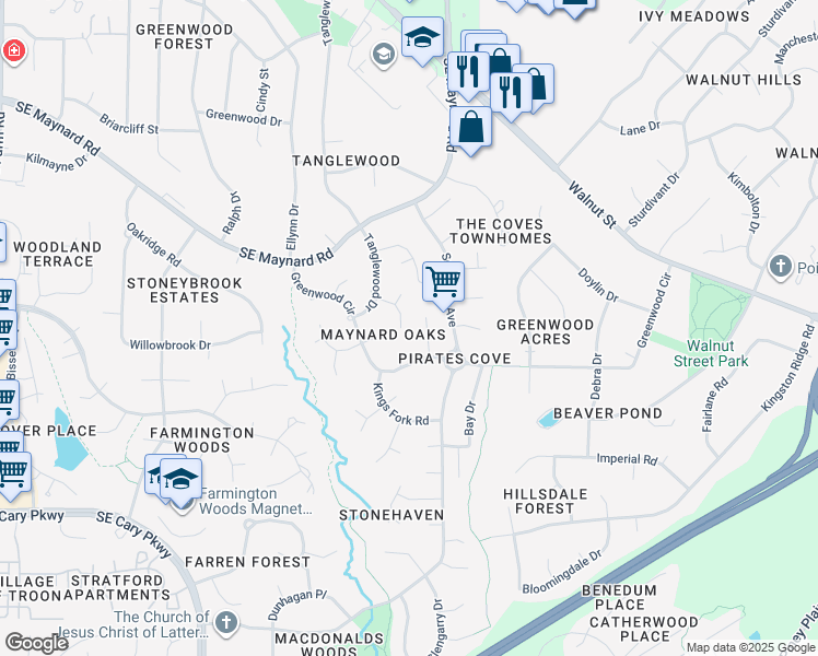 map of restaurants, bars, coffee shops, grocery stores, and more near 1206 Kenbridge Lane in Cary