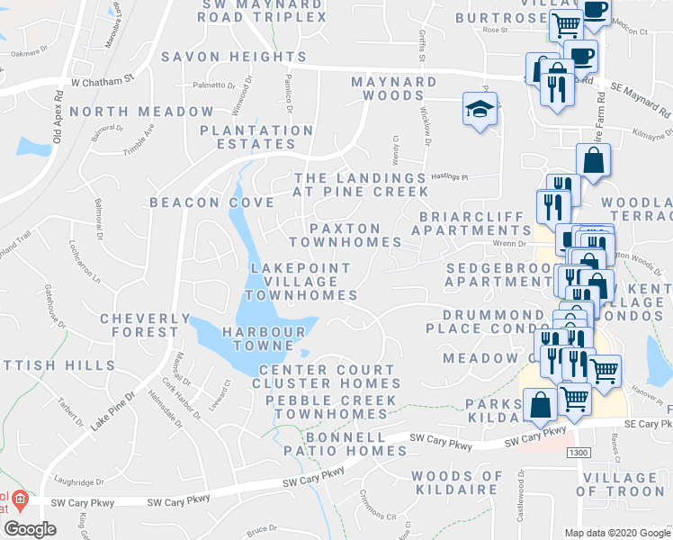 map of restaurants, bars, coffee shops, grocery stores, and more near 115 Planetree Lane in Cary