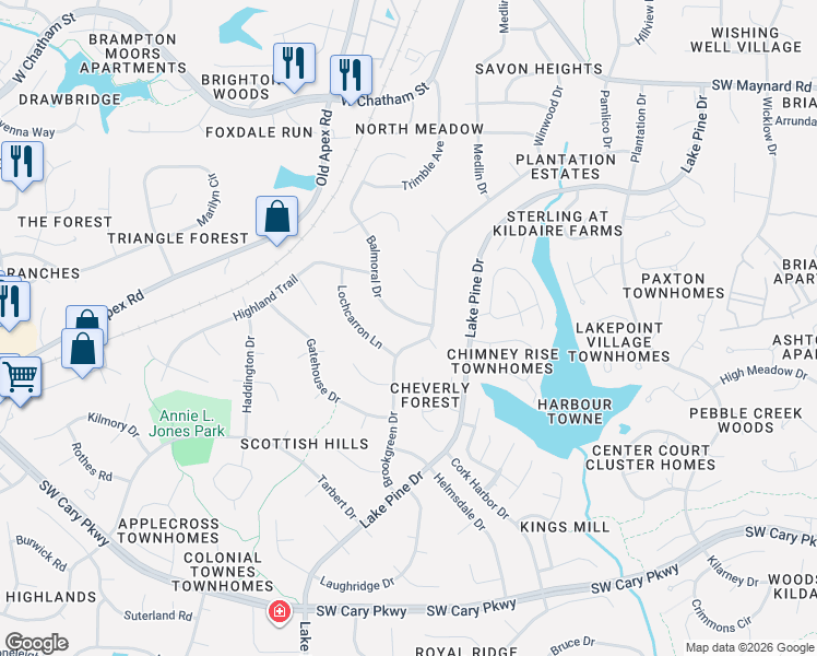 map of restaurants, bars, coffee shops, grocery stores, and more near 1215 Balmoral Drive in Cary