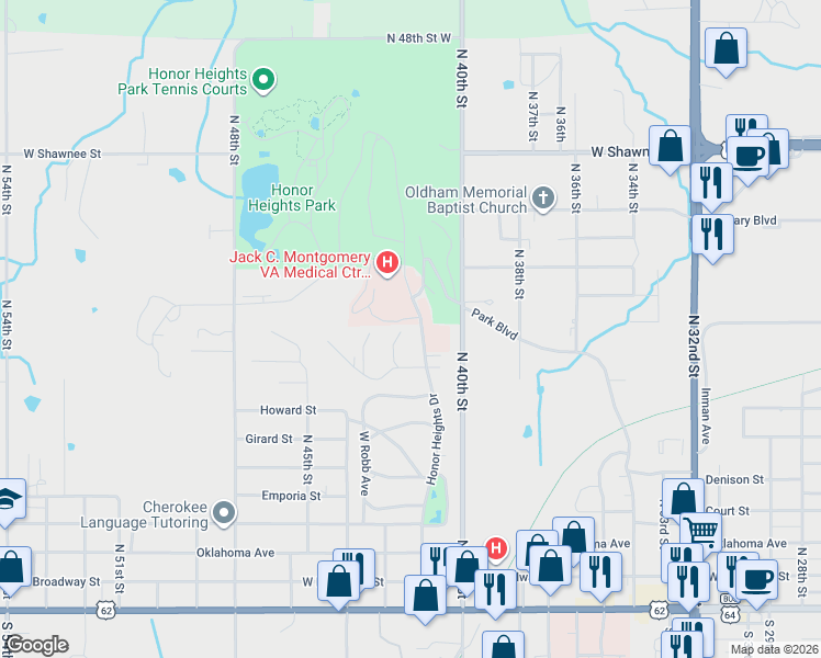 map of restaurants, bars, coffee shops, grocery stores, and more near 900 Nelson Drive in Muskogee