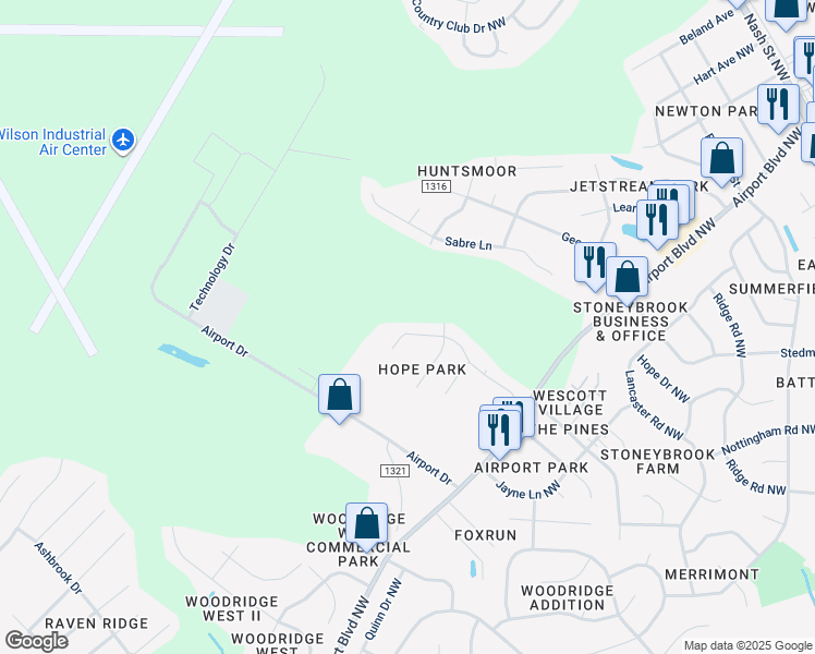 map of restaurants, bars, coffee shops, grocery stores, and more near 3808 Chase Road Northwest in Wilson