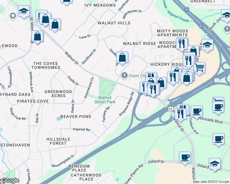 map of restaurants, bars, coffee shops, grocery stores, and more near 320 Lawrence Road in Cary
