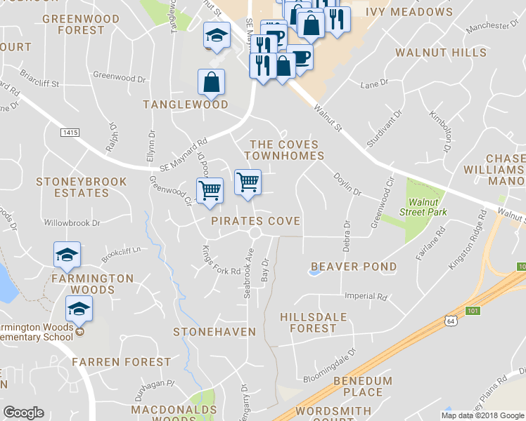 map of restaurants, bars, coffee shops, grocery stores, and more near Riverton Place in Cary