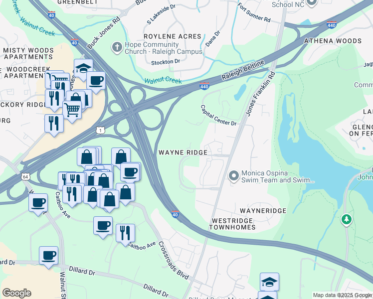 map of restaurants, bars, coffee shops, grocery stores, and more near Ridge Trace Drive in Raleigh