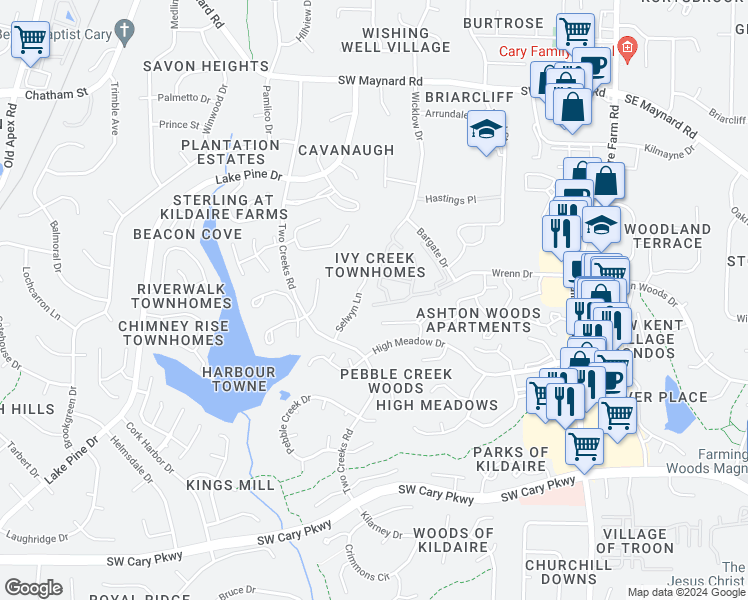 map of restaurants, bars, coffee shops, grocery stores, and more near 201 Virens Drive in Cary
