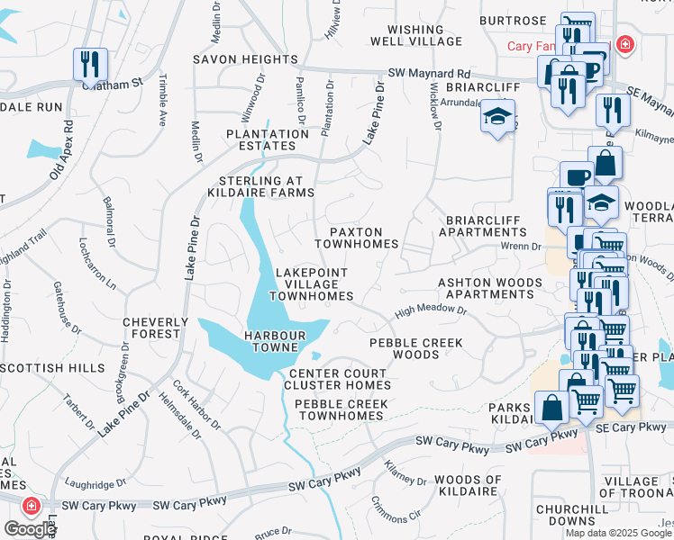 map of restaurants, bars, coffee shops, grocery stores, and more near 115 Planetree Lane in Cary