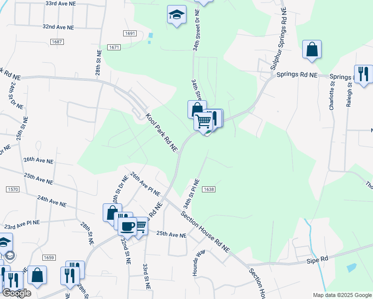 map of restaurants, bars, coffee shops, grocery stores, and more near 3408 Springs Road Northeast in Hickory