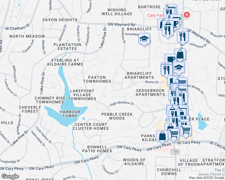 map of restaurants, bars, coffee shops, grocery stores, and more near 201 Virens Drive in Cary