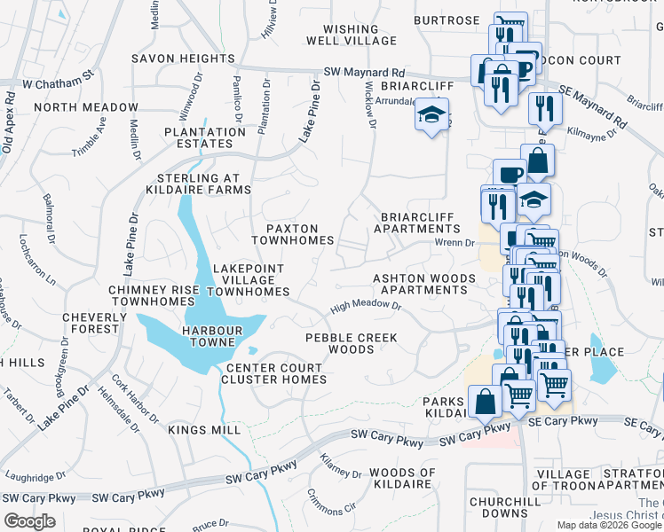 map of restaurants, bars, coffee shops, grocery stores, and more near 201 Virens Drive in Cary