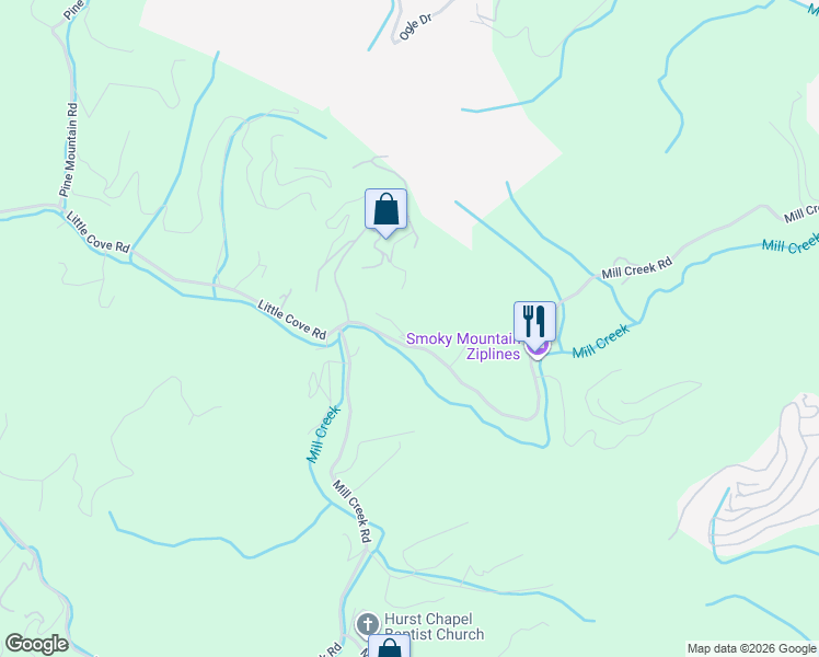 map of restaurants, bars, coffee shops, grocery stores, and more near 638 Mill Creek Rd in Pigeon Forge