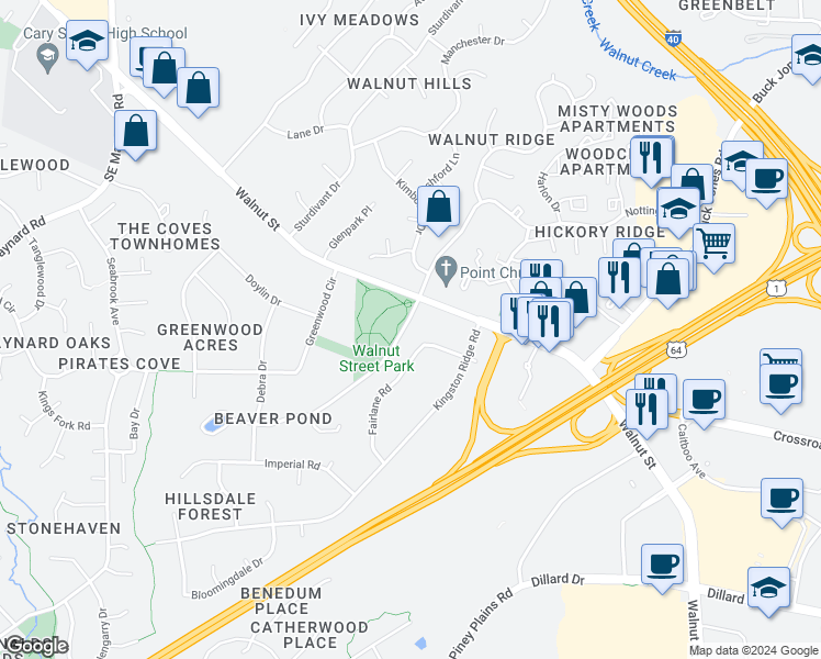 map of restaurants, bars, coffee shops, grocery stores, and more near 320 Lawrence Road in Cary