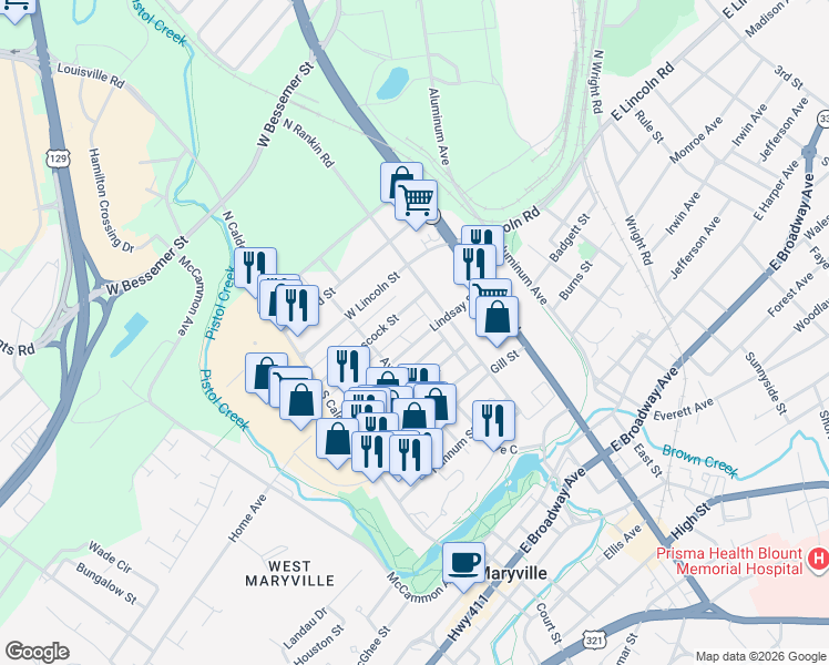map of restaurants, bars, coffee shops, grocery stores, and more near 233 Glascock Street in Alcoa