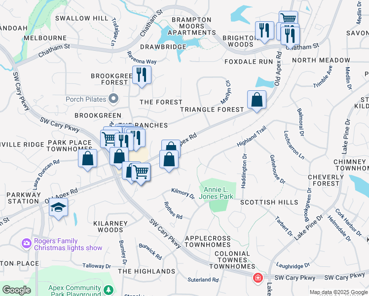 map of restaurants, bars, coffee shops, grocery stores, and more near 1867 Old Apex Road in Cary