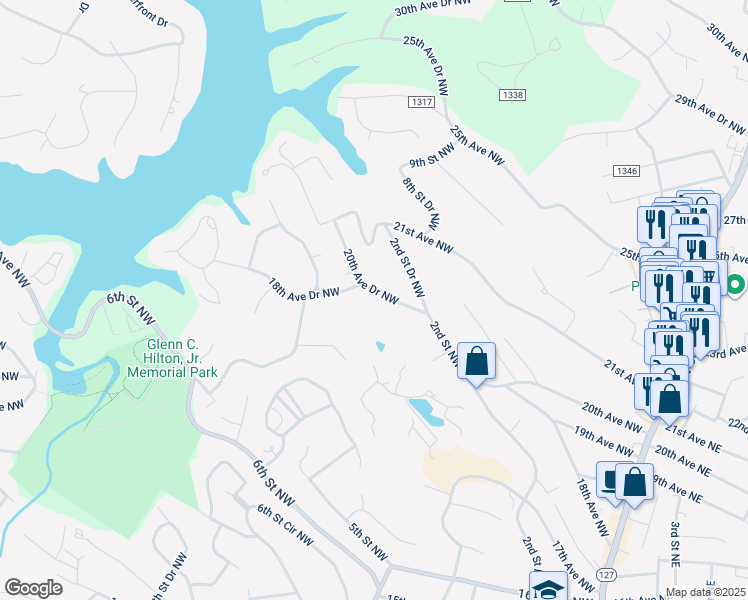 map of restaurants, bars, coffee shops, grocery stores, and more near 657 20th Avenue Drive Northwest in Hickory