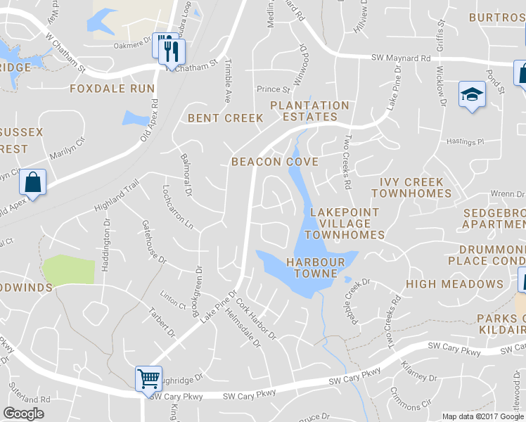 map of restaurants, bars, coffee shops, grocery stores, and more near 323 Riverwalk Circle in Cary