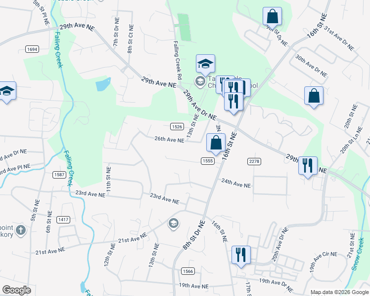 map of restaurants, bars, coffee shops, grocery stores, and more near 1320 26th Avenue Northeast in Hickory