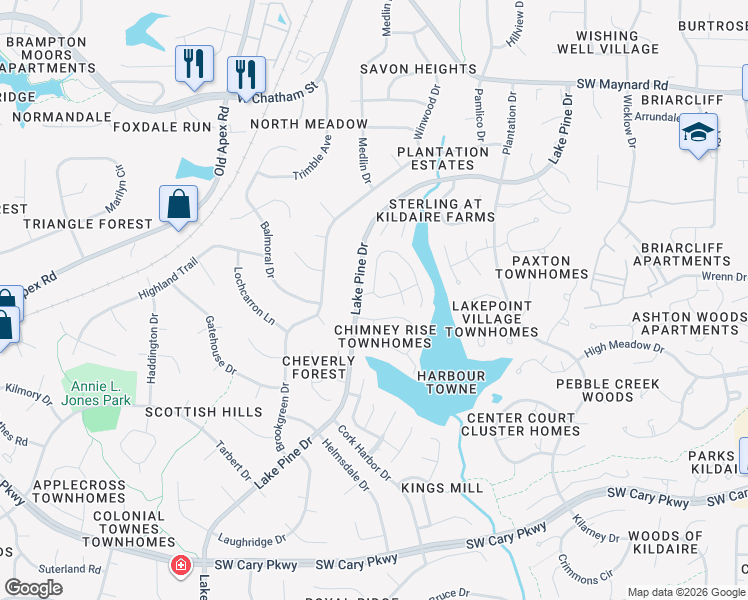 map of restaurants, bars, coffee shops, grocery stores, and more near 316 Riverwalk Circle in Cary