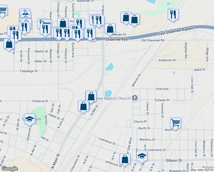 map of restaurants, bars, coffee shops, grocery stores, and more near 100-198 Kaad Street in Muskogee