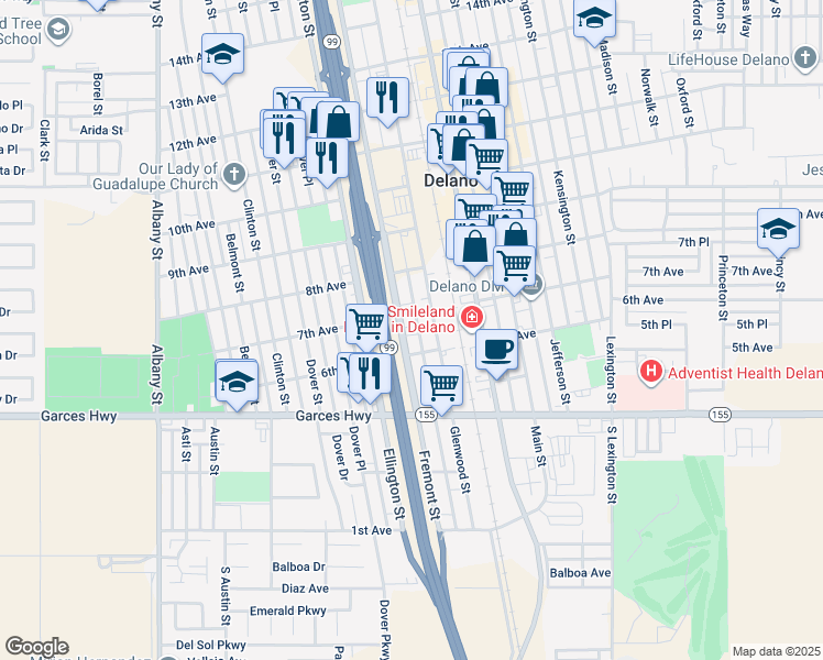 map of restaurants, bars, coffee shops, grocery stores, and more near 614 7th Avenue in Delano