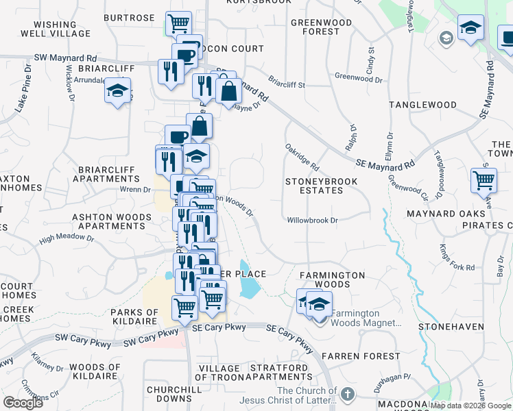 map of restaurants, bars, coffee shops, grocery stores, and more near in Cary