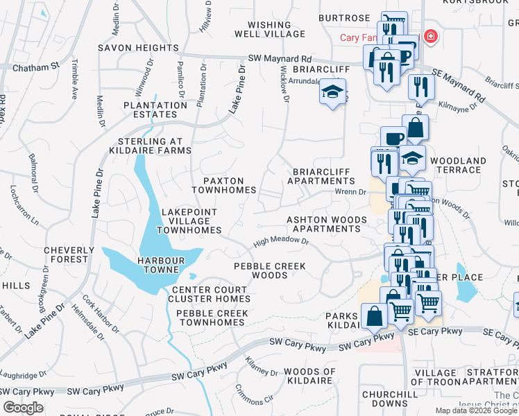 map of restaurants, bars, coffee shops, grocery stores, and more near 201 Virens Drive in Cary