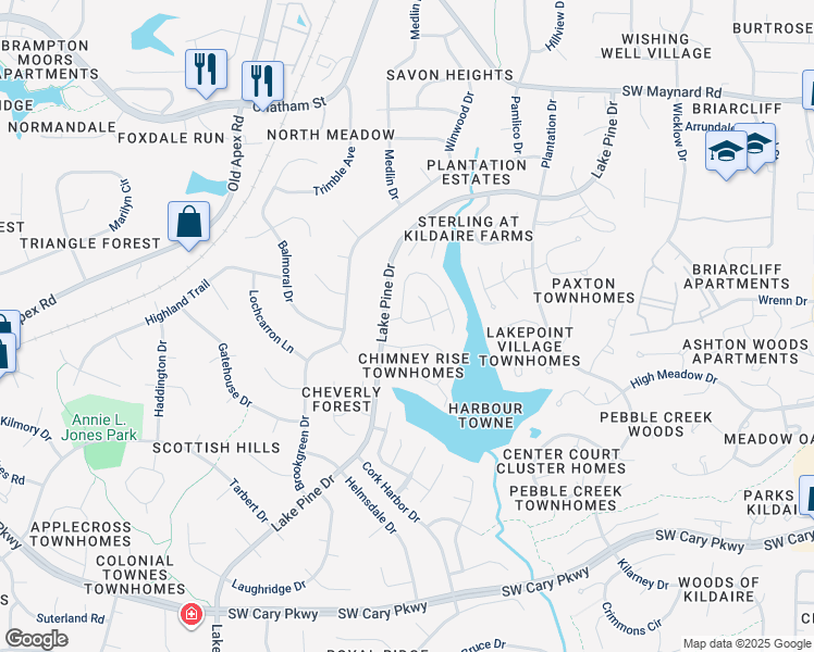 map of restaurants, bars, coffee shops, grocery stores, and more near 316 Riverwalk Circle in Cary