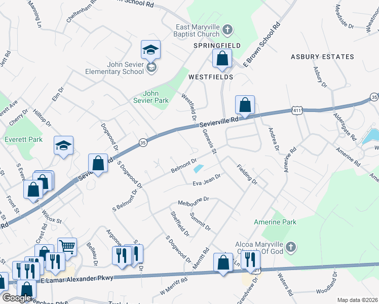 map of restaurants, bars, coffee shops, grocery stores, and more near 926 Naomi Drive in Maryville