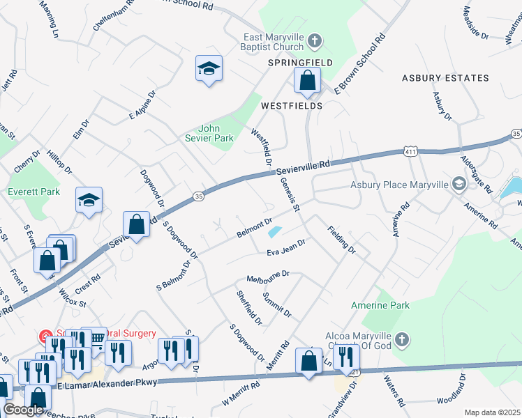 map of restaurants, bars, coffee shops, grocery stores, and more near 926 Naomi Drive in Maryville