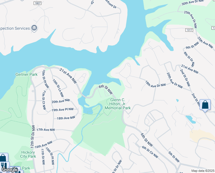 map of restaurants, bars, coffee shops, grocery stores, and more near 2140 6th Street Northwest in Hickory