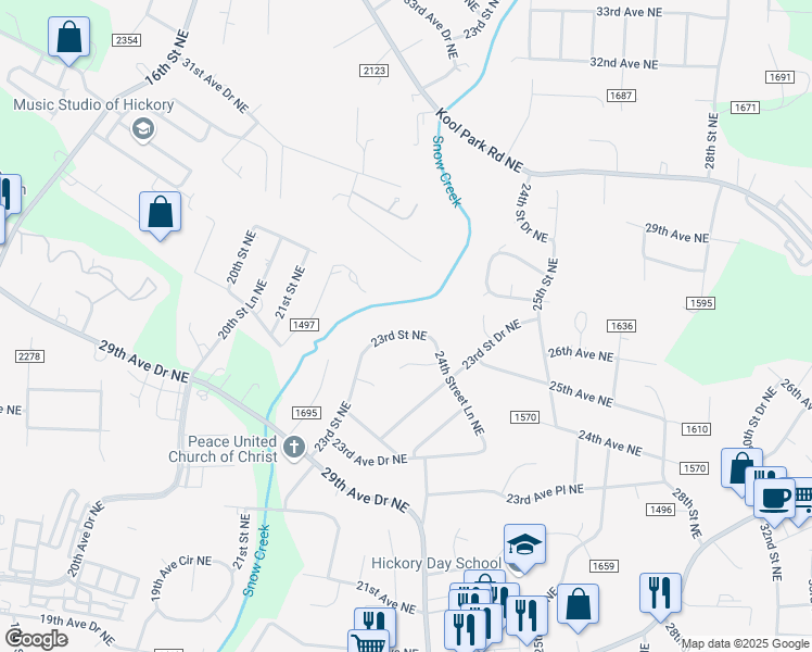 map of restaurants, bars, coffee shops, grocery stores, and more near 2479 23rd Street Northeast in Hickory