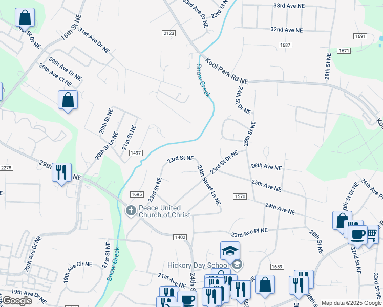 map of restaurants, bars, coffee shops, grocery stores, and more near 2483 23rd Street Northeast in Hickory