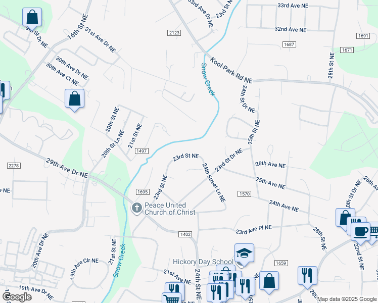 map of restaurants, bars, coffee shops, grocery stores, and more near 2479 23rd Street Northeast in Hickory