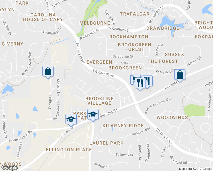 map of restaurants, bars, coffee shops, grocery stores, and more near 110 Colchis Court in Cary