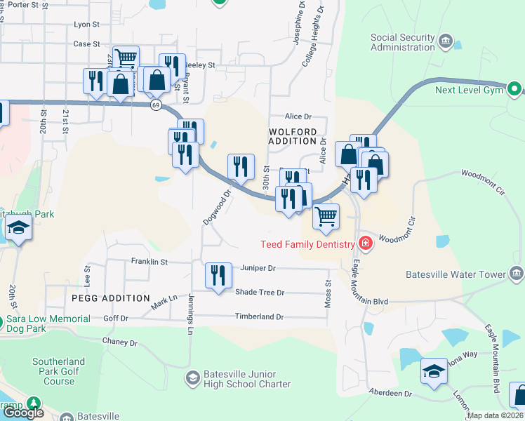 map of restaurants, bars, coffee shops, grocery stores, and more near 2980 Harrison Street in Batesville