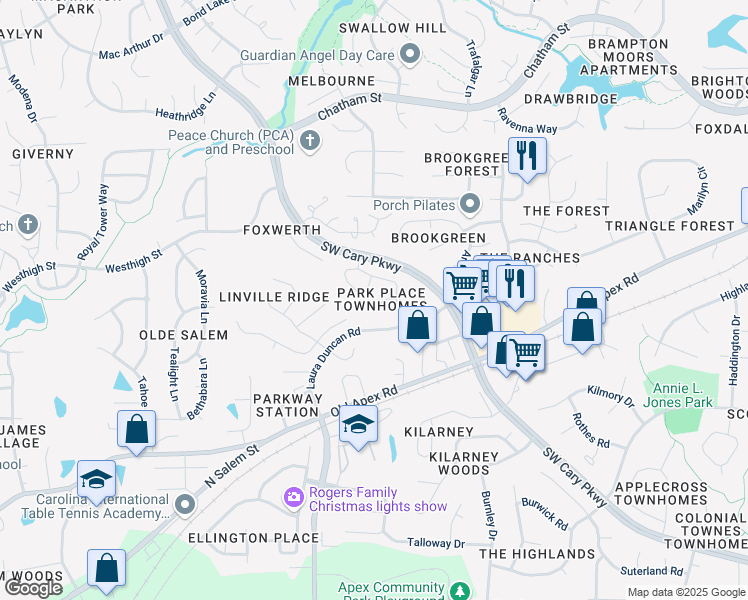 map of restaurants, bars, coffee shops, grocery stores, and more near 110 Colchis Court in Cary