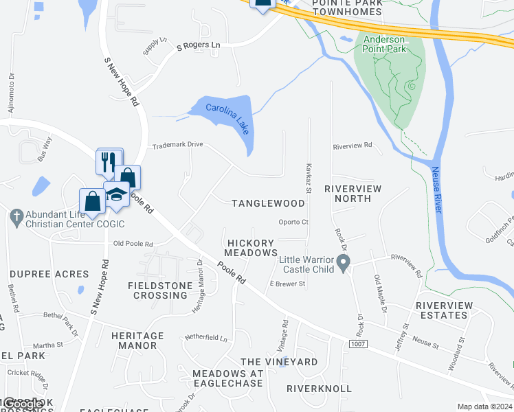 map of restaurants, bars, coffee shops, grocery stores, and more near 5312 Tanglewood Pine Lane in Raleigh