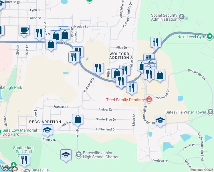map of restaurants, bars, coffee shops, grocery stores, and more near 2980 Harrison Street in Batesville