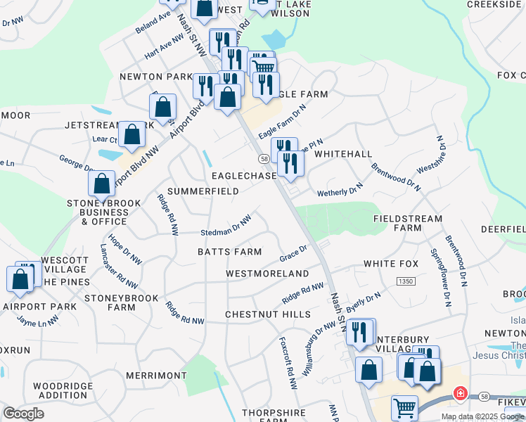 map of restaurants, bars, coffee shops, grocery stores, and more near 2503 Stedman Drive Northwest in Wilson