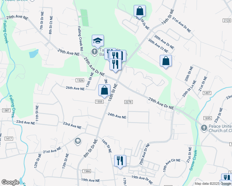 map of restaurants, bars, coffee shops, grocery stores, and more near 2530 16th Street Northeast in Hickory