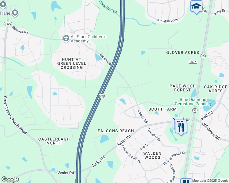 map of restaurants, bars, coffee shops, grocery stores, and more near 7129 Roberts Road in Cary