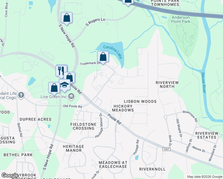 map of restaurants, bars, coffee shops, grocery stores, and more near 5101 Poole Road in Raleigh