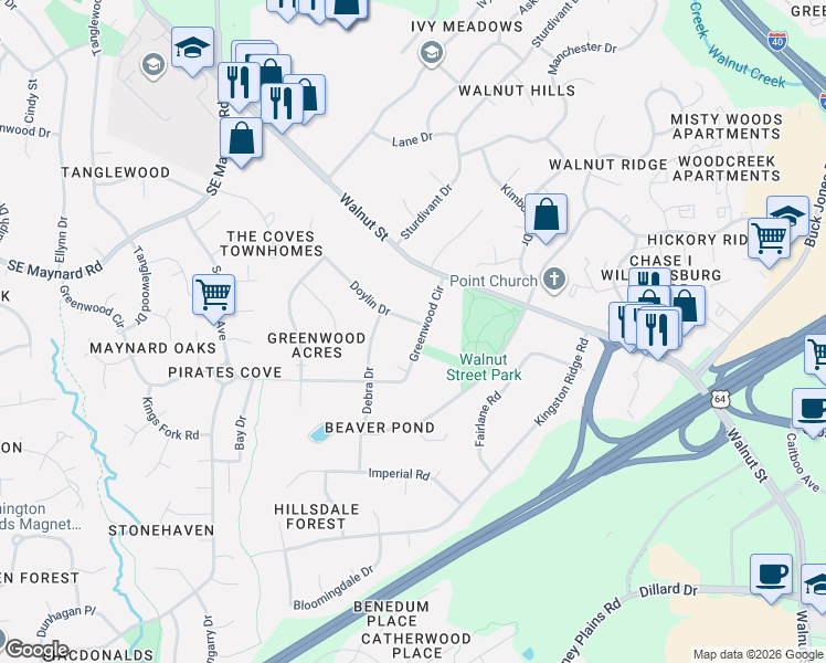 map of restaurants, bars, coffee shops, grocery stores, and more near 1002 Greenwood Circle in Cary