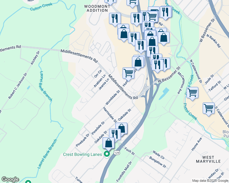 map of restaurants, bars, coffee shops, grocery stores, and more near 1121 Middlesettlements Road in Maryville